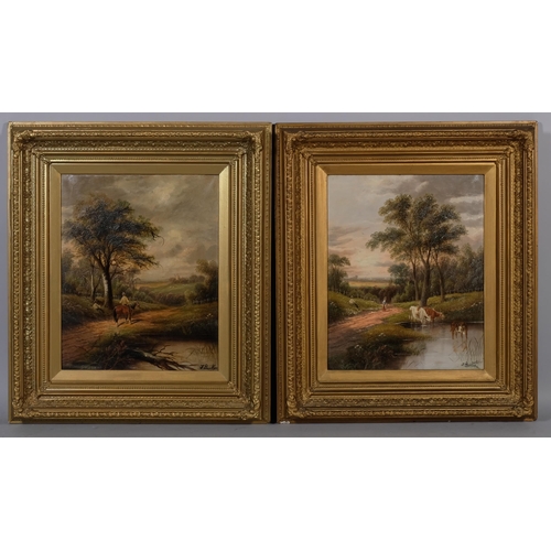 614 - J Barker, pair of rural landscapes with figures and cattle, oils on canvas, signed, 53cm x 43cm, fra... 