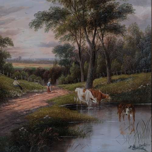 614 - J Barker, pair of rural landscapes with figures and cattle, oils on canvas, signed, 53cm x 43cm, fra... 