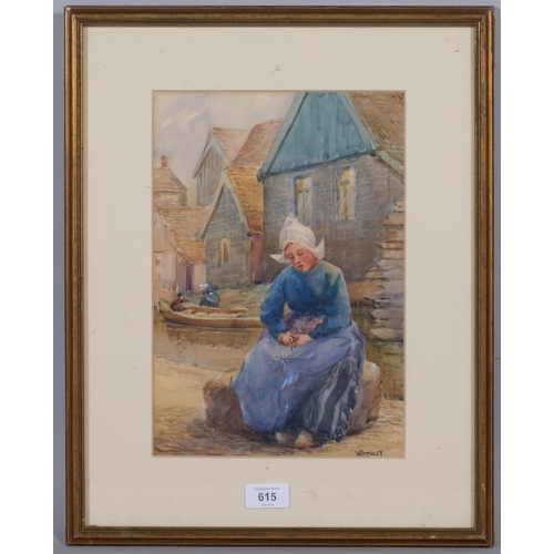 615 - W Langley, Dutch girl by a canal, watercolour, signed, 31cm x 22cm, framed