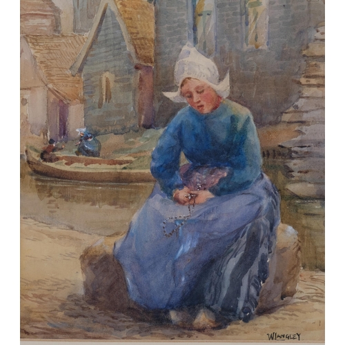 615 - W Langley, Dutch girl by a canal, watercolour, signed, 31cm x 22cm, framed