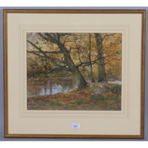 617 - Charles Gruppe (Canadian, 1860 - 1940), autumnal woodland river, watercolour, signed, 33cm x 41cm, f... 