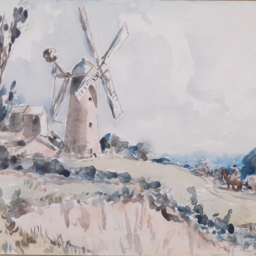 619 - Landscape view towards a windmill, early to mid-20th century watercolour, unsigned, 24cm x 35cm, fra... 