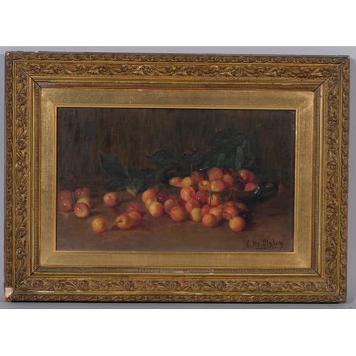 620 - E M Ilsley, still life cherries, oil on canvas, circa 1900, signed, 25cm x 41cm, framed