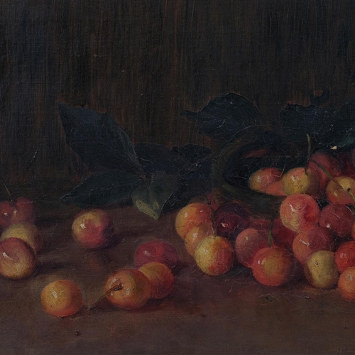 620 - E M Ilsley, still life cherries, oil on canvas, circa 1900, signed, 25cm x 41cm, framed