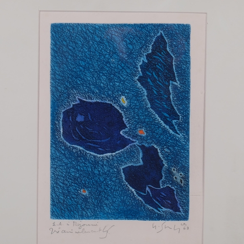 625 - Gustave Singier, blue abstract composition, artist's proof signed in pencil, 1963, image 28cm x 19cm... 