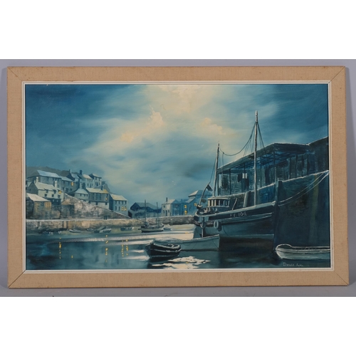 639 - Donald Ayres (born 1936), moonlit Cornish harbour scene, oil on board, signed, 40cm x 65cm, framed