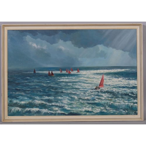 640 - Jean Moore, mirror dinghies off St Leonards, oil on canvas, 51cm x 76cm, framed