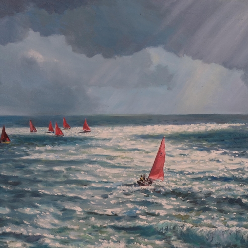 640 - Jean Moore, mirror dinghies off St Leonards, oil on canvas, 51cm x 76cm, framed