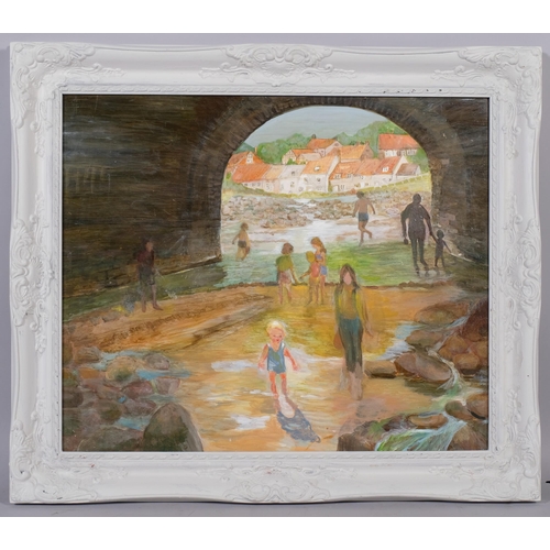 651 - Figures under a bridge, mid-20th century oil on board, unsigned, 50cm x 60cm, framed