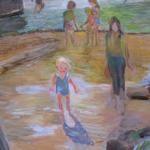 651 - Figures under a bridge, mid-20th century oil on board, unsigned, 50cm x 60cm, framed