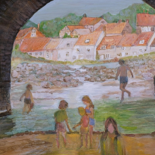 651 - Figures under a bridge, mid-20th century oil on board, unsigned, 50cm x 60cm, framed