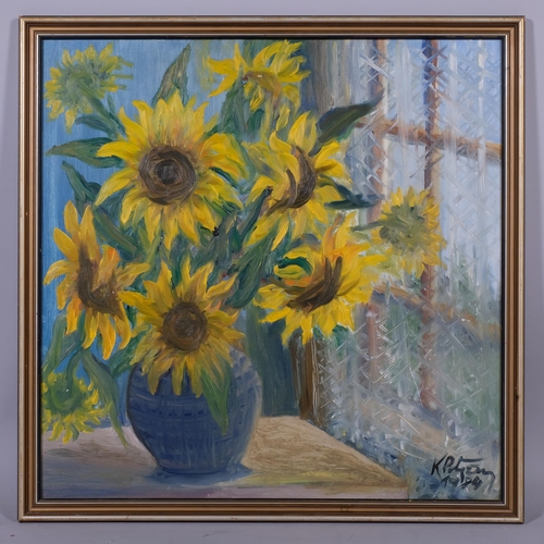 653 - K Potyem, still life sunflowers, oil on board, signed and dated 1984, 60cm x 60cm, framed