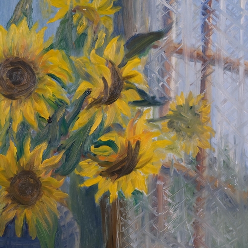 653 - K Potyem, still life sunflowers, oil on board, signed and dated 1984, 60cm x 60cm, framed