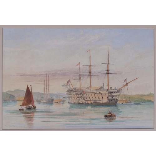 654 - Henry A Luscombe (born 1820), warships in harbour, pair of watercolours, both signed, 20cm x 30cm, f... 