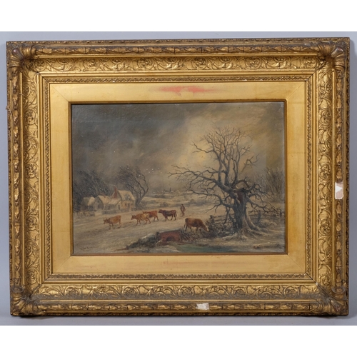 657 - Rob Burrows (1810 - 1883), cattle in winter landscape, oil on canvas, signed, 25cm x 35cm, framed