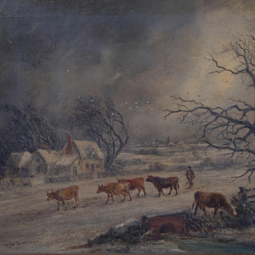 657 - Rob Burrows (1810 - 1883), cattle in winter landscape, oil on canvas, signed, 25cm x 35cm, framed