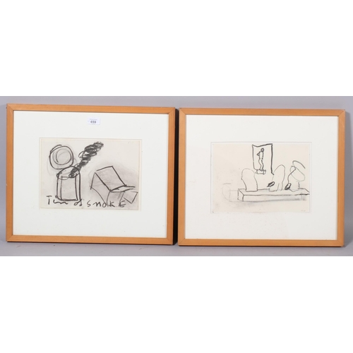 659 - Roy Oxlade (1929 - 2014), pair of sketches, tin of smoke 2004, and museum 2006, charcoal on paper, 2... 