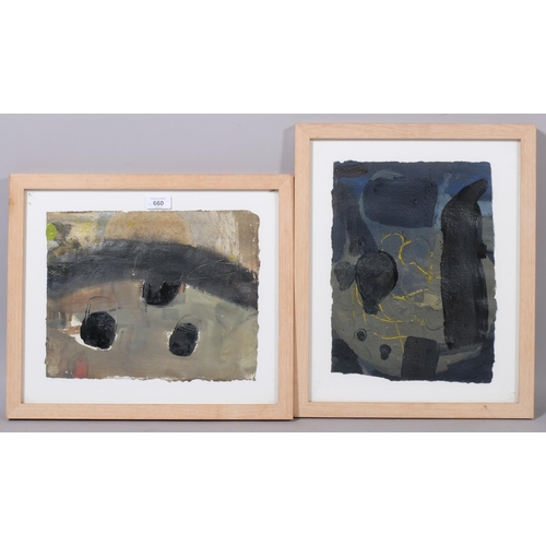 660 - William Brennen, pair of abstract composition, mixed media oil/gouache on paper, inscribed verso Roy... 