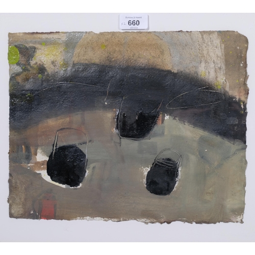 660 - William Brennen, pair of abstract composition, mixed media oil/gouache on paper, inscribed verso Roy... 