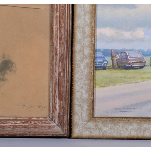 669 - Roy Knockolds (1911 - 1979), veteran car and aircraft, oil on canvas, signed, 50cm x 40cm, together ... 