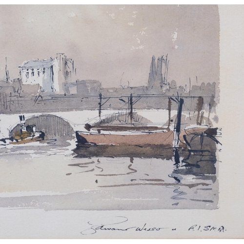 670 - Edward Wesson (1910-1983), river Thames and St Paul's Cathedarel from Waterloo, watercolour, signed,... 