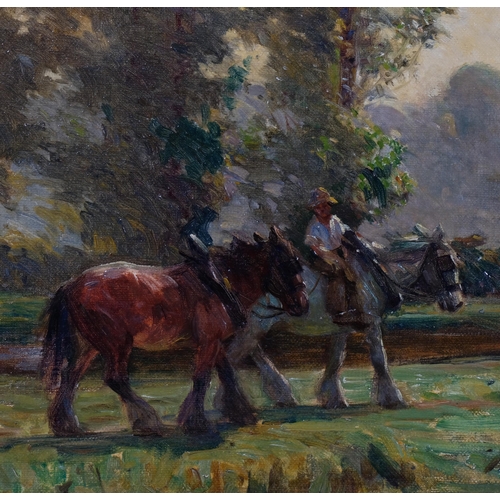 673 - Arthur Spooner (1873-1962), farm boy with heavy plough horses, oil on board, signed and dated 1917, ... 