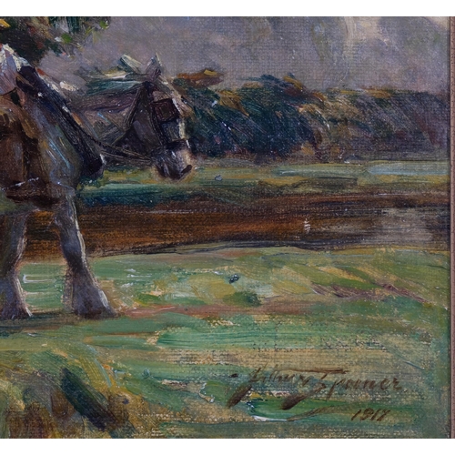 673 - Arthur Spooner (1873-1962), farm boy with heavy plough horses, oil on board, signed and dated 1917, ... 