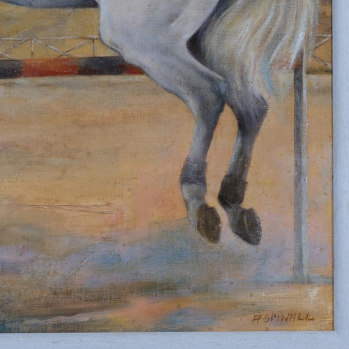 573 - Sarah Aspinall (born 1965), show jumping scene, oil on canvas, signed, 40cm x 50cm, framed