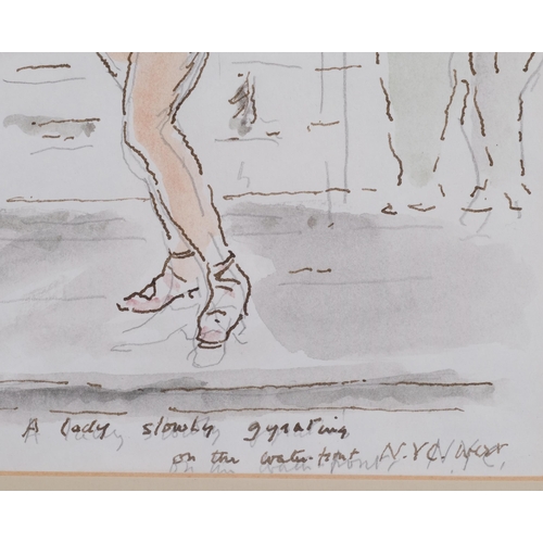 575 - Adrian Daintrey (1902 - 1988), a lady slowly gyrating on the waterfront, New York City West, ink and... 