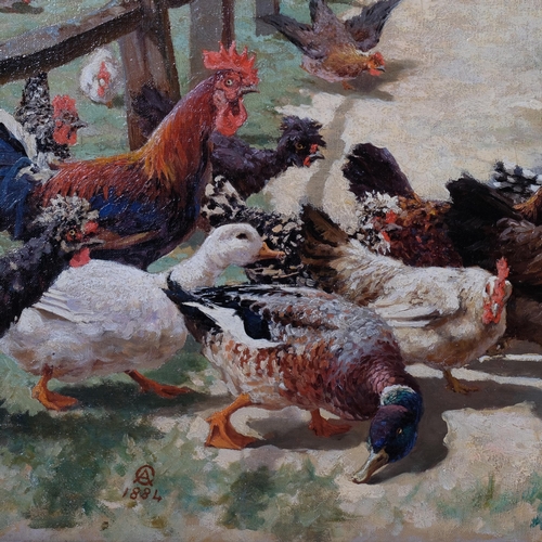578 - Alphonse Cullis, farm boy feeding the poultry, oil on canvas, signed with monogram, dated 1884, 61cm... 