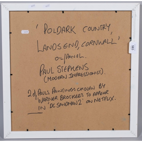 583 - Paul Stephens, Poldark country, Land's End Cornwall, oil on board, signed and inscribed verso, 40cm ... 