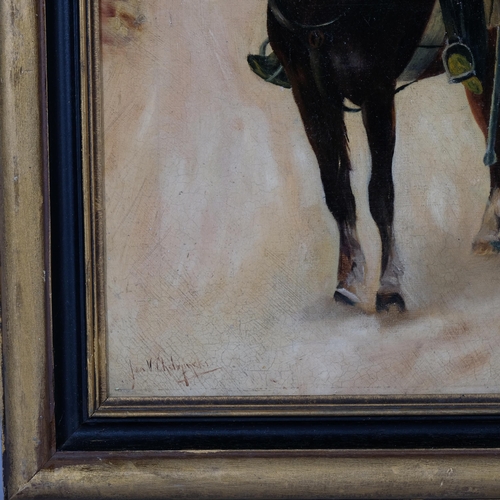 599 - Style of Jan Chelminski, soldier on horseback, oil on canvas, 60cm x 34cm, framed