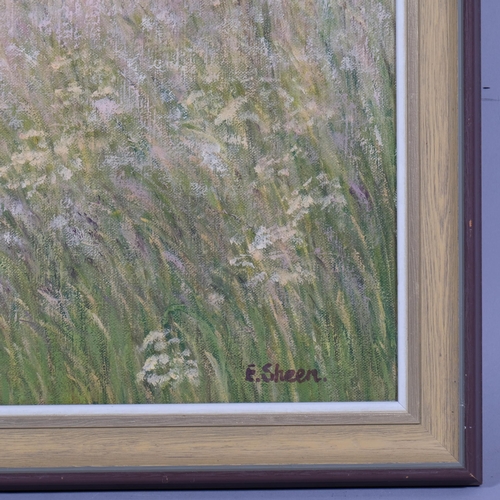 611 - E Sheen, meadow scene, oil on canvas, signed with various information and documents verso, 40cm x 50... 