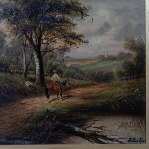 614 - J Barker, pair of rural landscapes with figures and cattle, oils on canvas, signed, 53cm x 43cm, fra... 