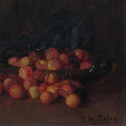 620 - E M Ilsley, still life cherries, oil on canvas, circa 1900, signed, 25cm x 41cm, framed