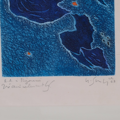 625 - Gustave Singier, blue abstract composition, artist's proof signed in pencil, 1963, image 28cm x 19cm... 