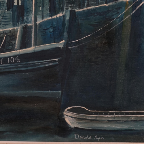 639 - Donald Ayres (born 1936), moonlit Cornish harbour scene, oil on board, signed, 40cm x 65cm, framed