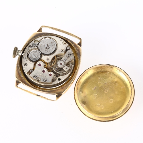 1031 - An Art Deco 9ct rose gold cushion-cased mechanical wristwatch head, circa 1930s, white enamel dial w... 