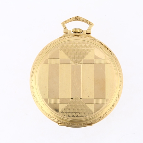 1041 - An Art Deco 18ct gold open-face keyless pocket watch, circa 1920s, silvered tumbling cube dial with ... 