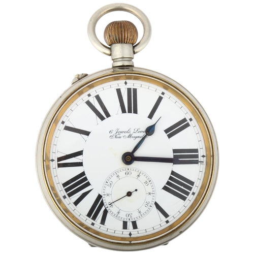 1056 - An early 20th century nickel open-face keyless Goliath pocket watch, white enamel dial with Roman nu... 