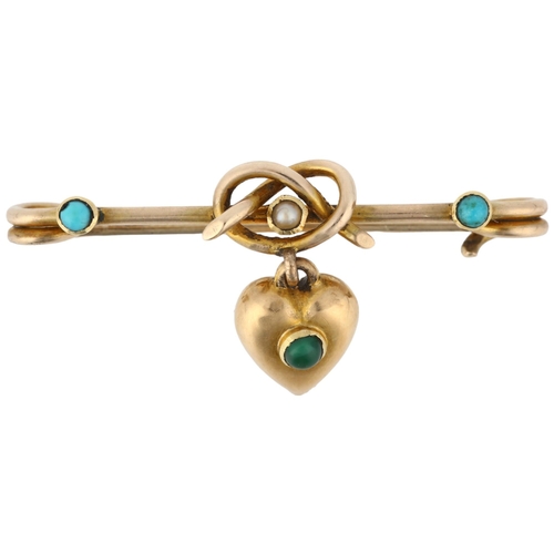 1100 - A late Victorian turquoise and pearl lover's knot bar brooch, circa 1890, the central knot suspendin... 