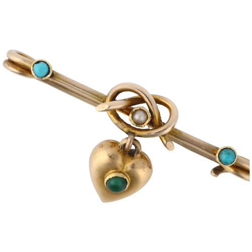 1100 - A late Victorian turquoise and pearl lover's knot bar brooch, circa 1890, the central knot suspendin... 