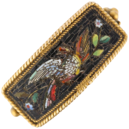 1101 - An Italian Grand Tour micro-mosaic Bird Of Paradise panel ring, circa 1820, the curved rectangular p... 