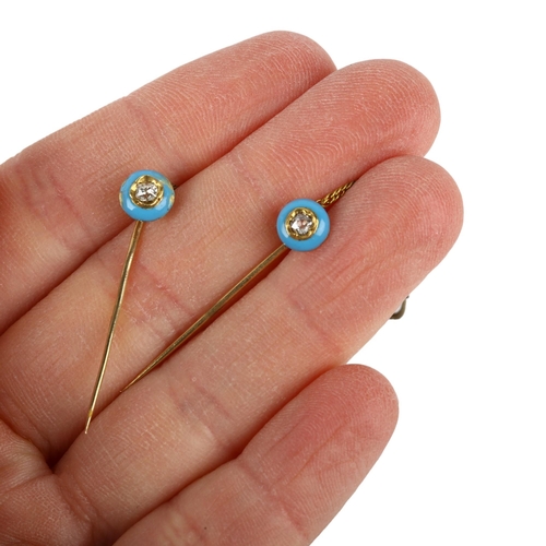 1112 - A pair of French 19th century diamond, blue enamel and pearl scarf pins, each set with old-cut diamo... 