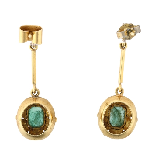 1115 - A pair of emerald drop earrings, late 20th century, rub-over set with octagonal and square step-cut ... 