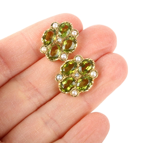 1121 - A pair of peridot and pearl earrings, late 20th century, set with oval mixed-cut peridots and split ... 