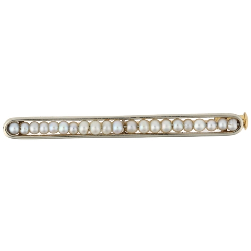 1127 - A French pearl line brooch, circa 1910, apparently unmarked,  39.9mm, 2.6g