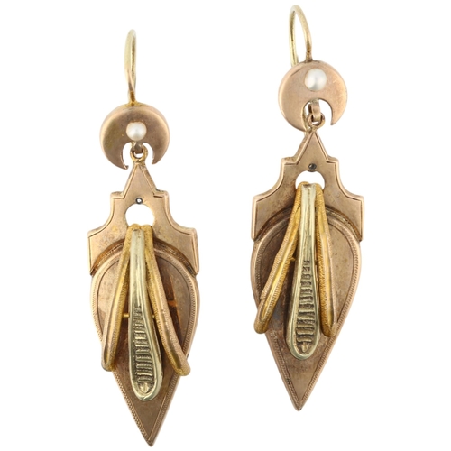 1128 - A pair of 19th century French two-colour gold drop earrings, with split pearl crescent moon shepherd... 