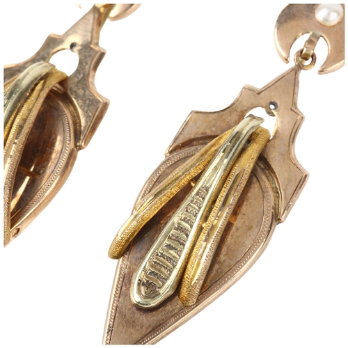 1128 - A pair of 19th century French two-colour gold drop earrings, with split pearl crescent moon shepherd... 