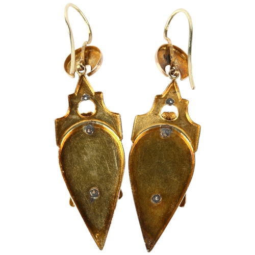 1128 - A pair of 19th century French two-colour gold drop earrings, with split pearl crescent moon shepherd... 